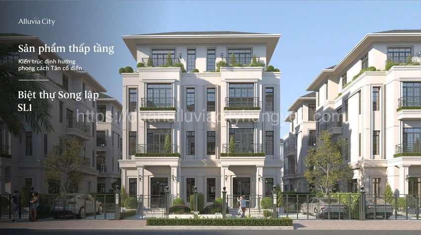 Hình ảnh toàn cảnh khu biệt thự song lập Alluvia City Hưng Yên ven sông Hồng, mang phong cách Tân cổ điển châu Âu và thiết kế không gian sống xanh hiện đại.